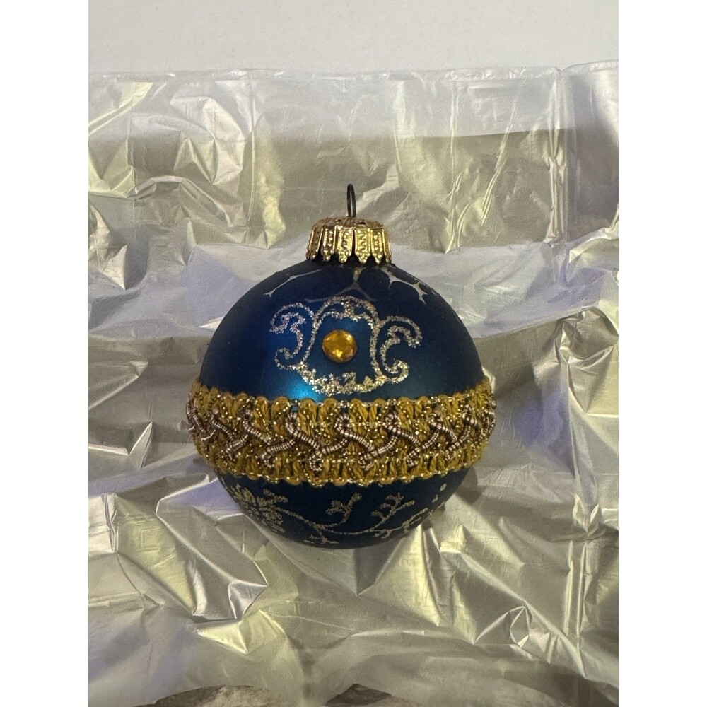 VINTAGE GLASS CHRISTMAS ORNAMENT VICTORIAN GOLD GLITTER BROCADE Blue 60s 70s
